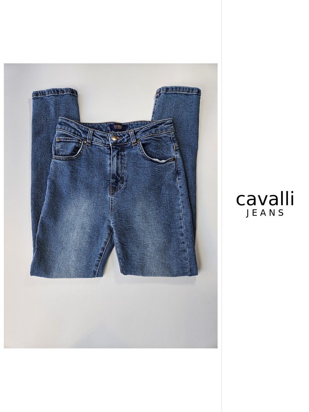 Cavalli Class Womenâs High Rise Slim Straight Jeans Size 27 Blue Stretch Denim